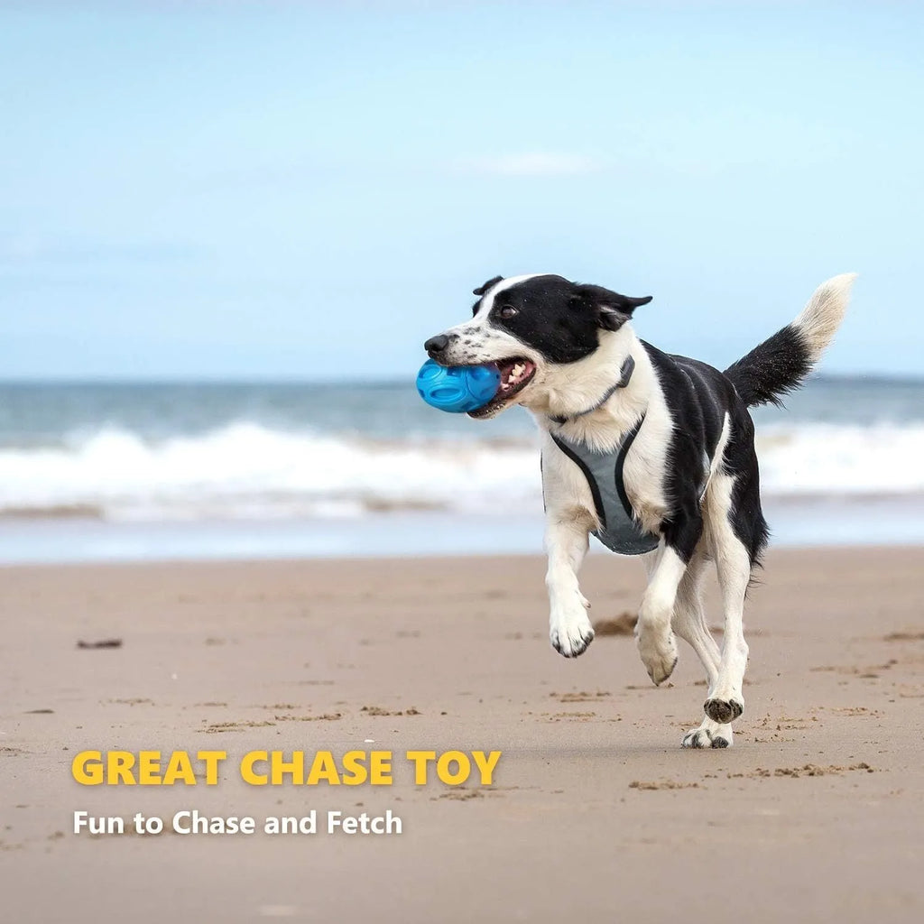 Blue, green, and orange rubber squeaky dog toy ball with grooved surface for aggressive chewers.