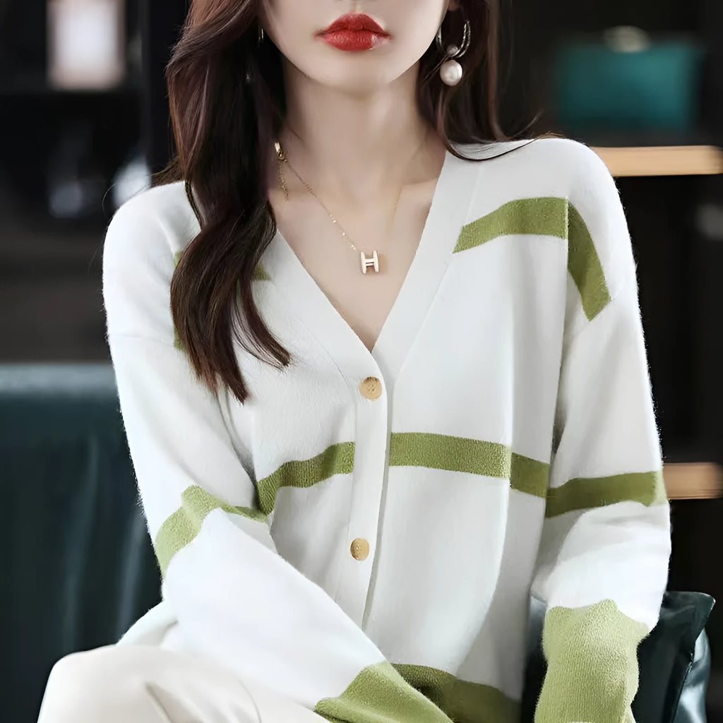 Women's slim fit striped knitted cardigan with V-neck and 3D pattern, shown in multiple colours.