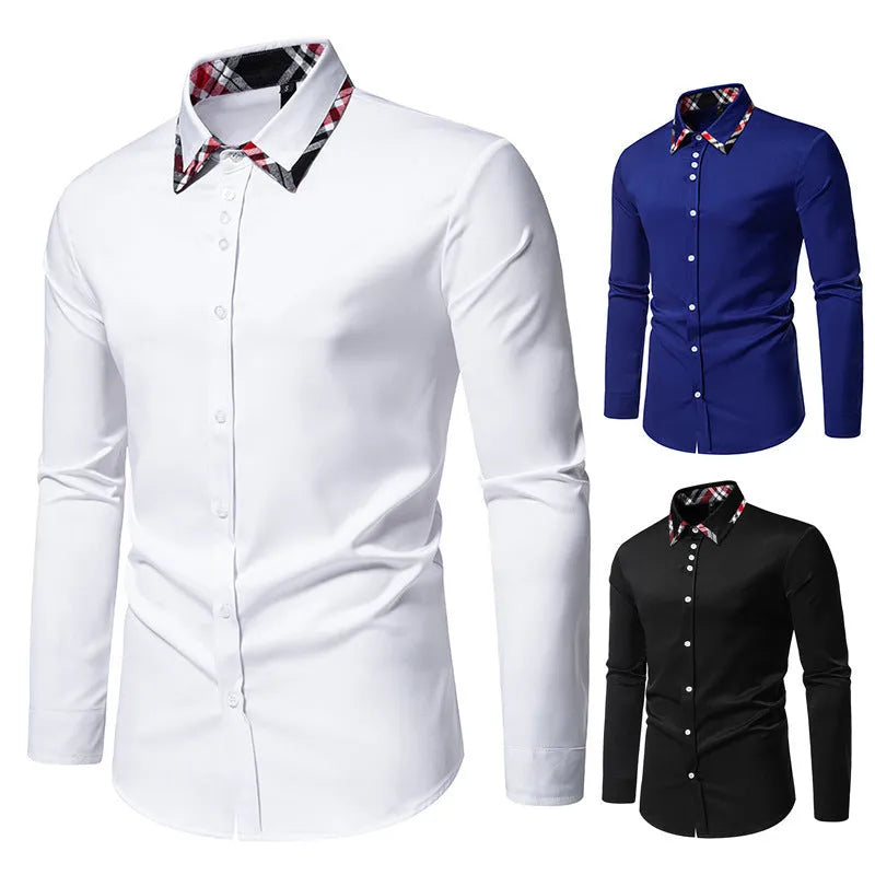 Men's blue plaid contrast triangle collar long sleeve casual shirt on a hanger.