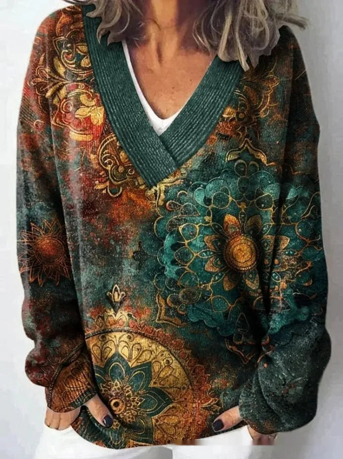 Women's V-neck long sleeve sweatshirt with a 3D floral print in an art retro style.