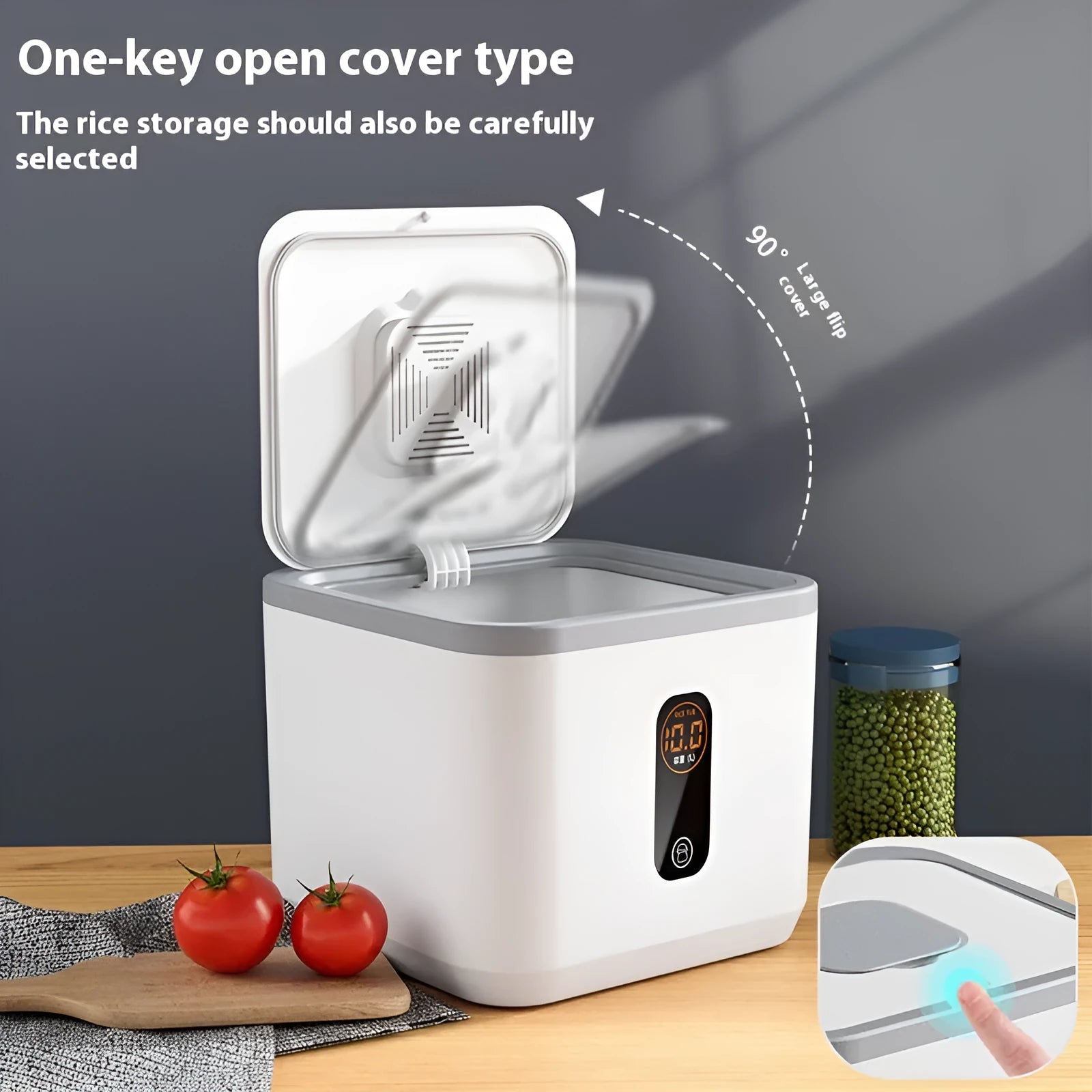Grey plastic rice storage jar with sealed lid and measuring cup for dry goods preservation