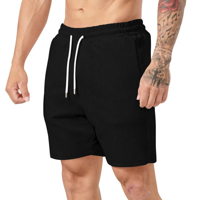 Men's casual straight-leg fifth-length shorts in chemical fibre blend, shown in five colour options: black, yellow, army green, apricot, brown