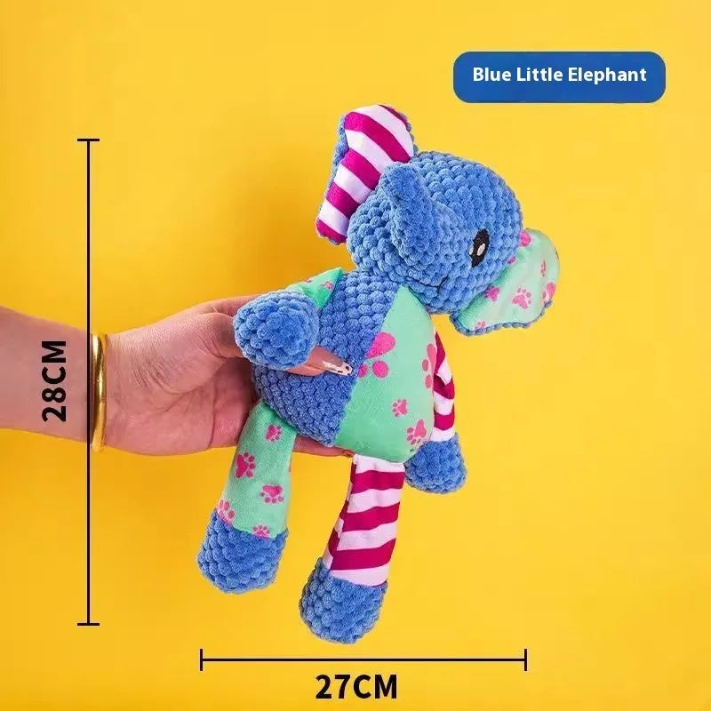 Assortment of soft plush pet toys: donkey, rechargeable duck, blue elephant, dizzy dog, and blink elephant.