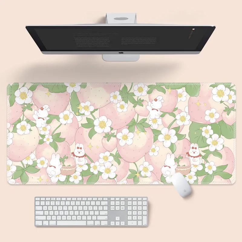 Large floral cartoon pattern mouse pad on desk with natural rubber non-slip base