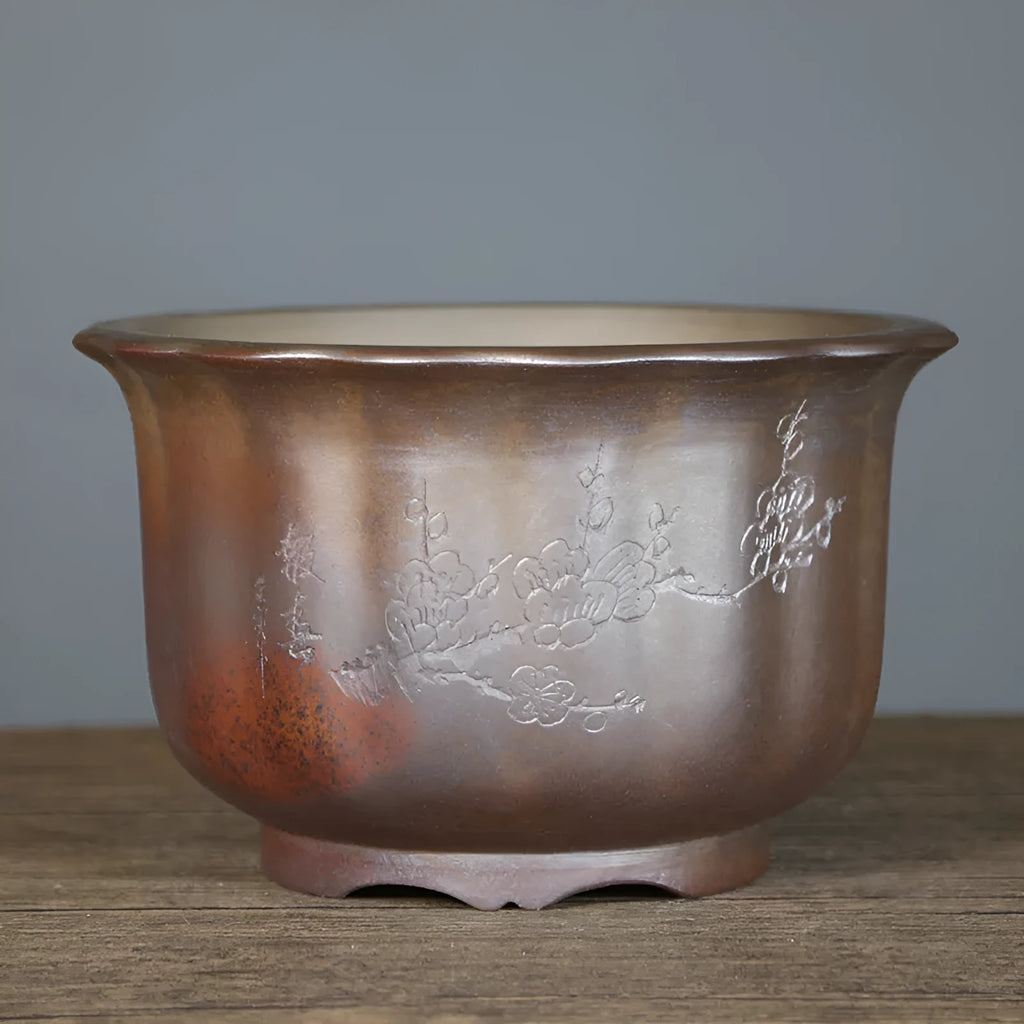 Purple sand ceramic flower pot with antique carved wood burning pattern for indoor bonsai plants