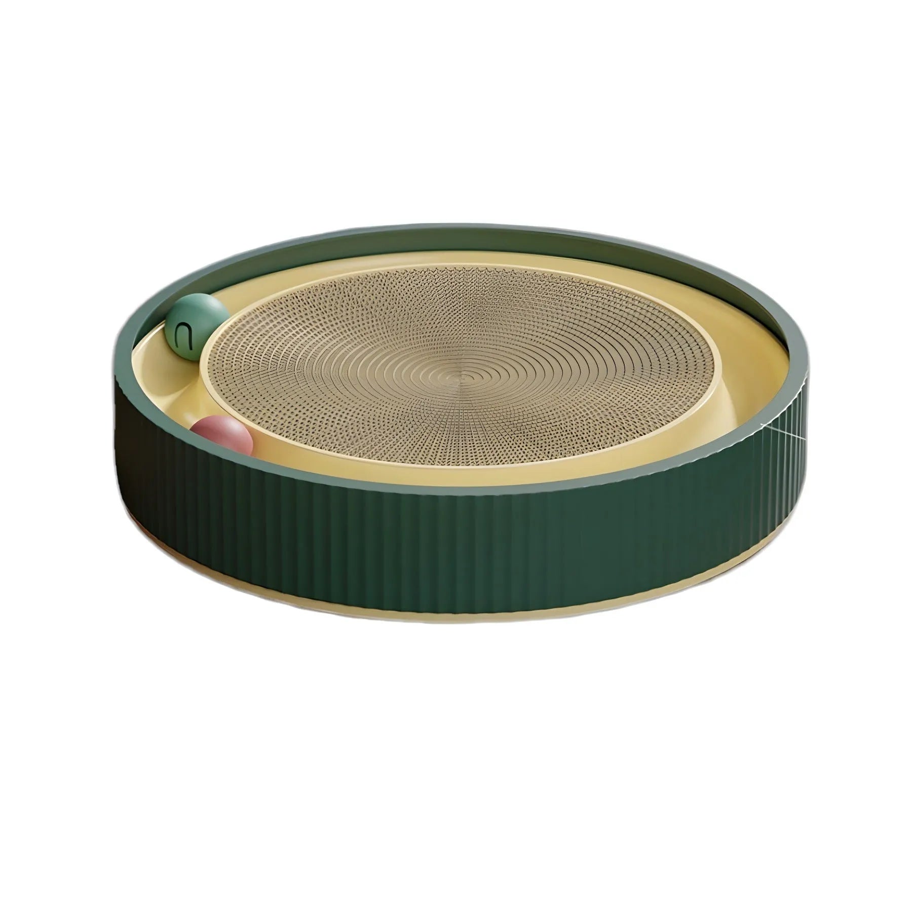 Large circular cat scratching board with ball toys showing green colour and refillable core design