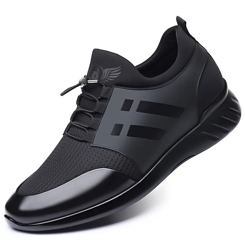 Men's black genuine leather height increasing casual shoes with chunky heel and round toe.