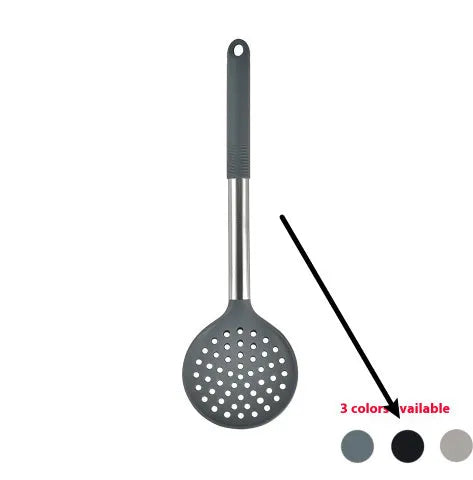 12 piece silicone kitchenware set with rotating storage bucket containing ladle spatula and clips