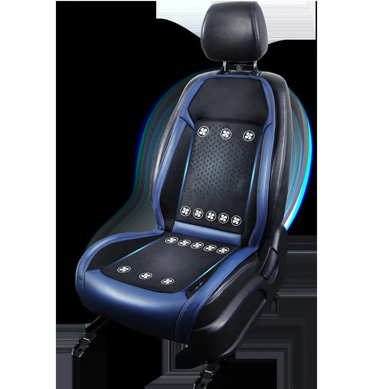 Car seat cooling pad with refrigeration, massage and ventilation functions in minimalist black design