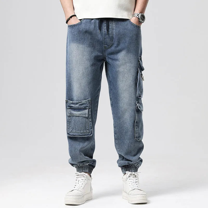 Men's hip hop retro multi-pocket denim trousers in 1908 Blue, high waist, straight-leg loose fit, cotton fabric