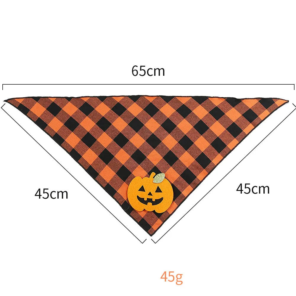 Orange plaid Halloween dog bandana with white skeleton and orange pumpkin felt appliques