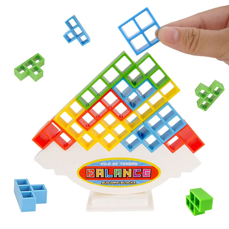 Plastic balance stacking game with 16 coloured blocks, chassis and base for family travel parties