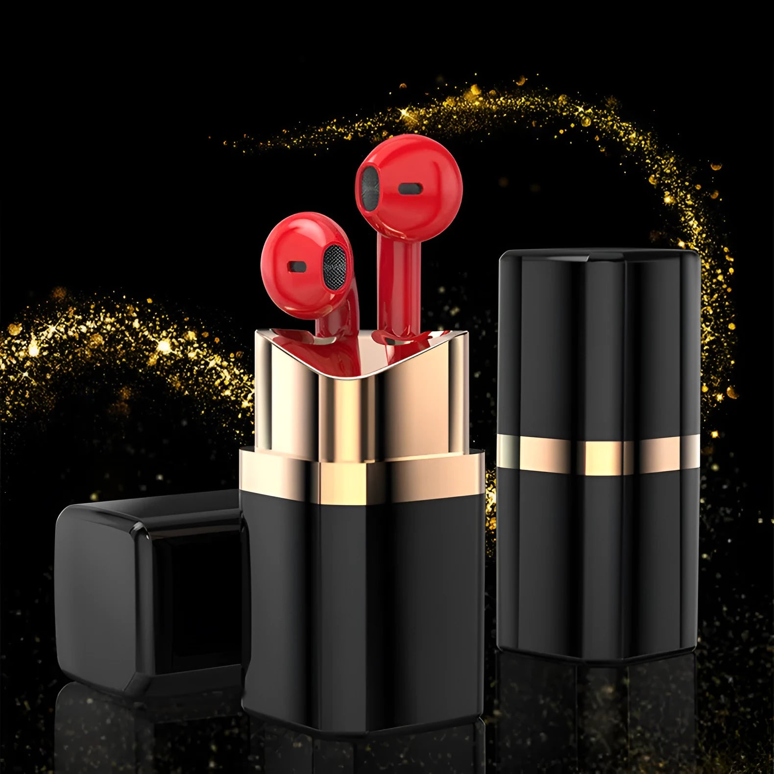 Lipstick Bluetooth earphone in black with in-ear noise reduction and charging case