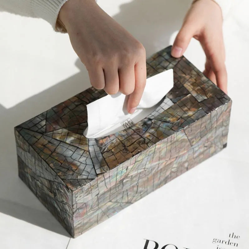 Natural shell tissue box storage container in black with removable organisation for coffee tables