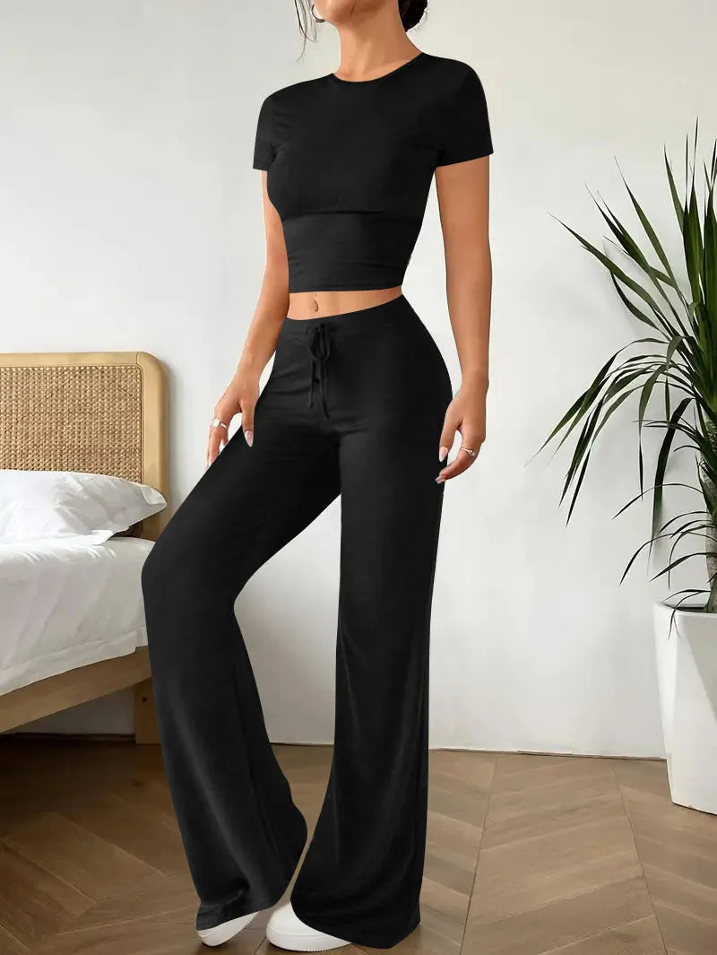 Black high waist trousers and short sleeve t-shirt women's suit set
