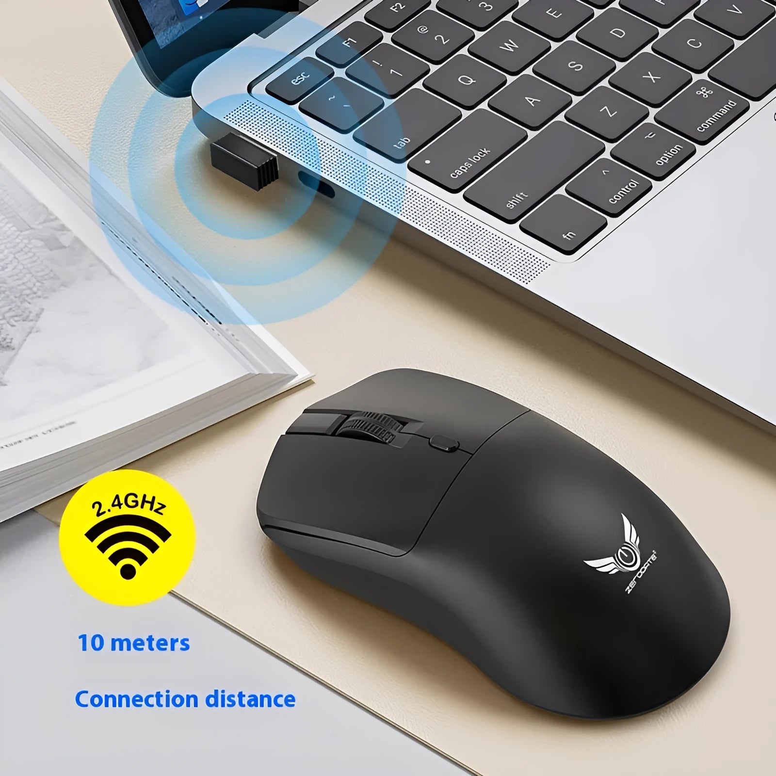 Black wireless computer mouse with audio control button for laptop use