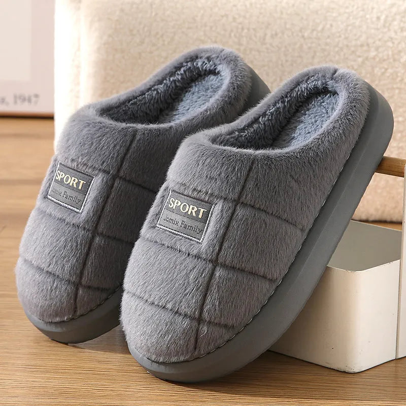 Men's plaid pattern slippers with wool lining and thick EVA soles in brown colour