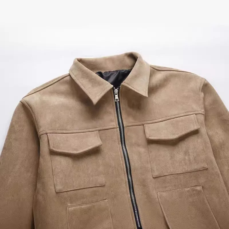 Thickened zipper big pocket jacket coat slim fit long sleeve straight hem polyester lining camel black dark gray