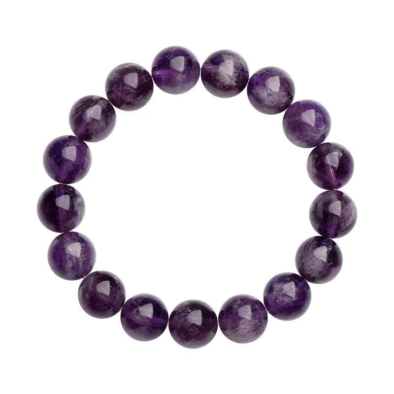 Natural feather amethyst crystal bracelet in Snow Mountain purple with scattered beads and Ruyi element.