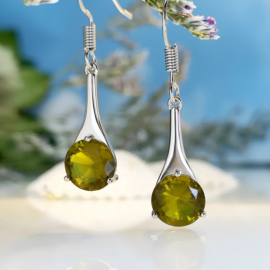 Olive green topaz alloy earrings with water drop shape and electroplated finish