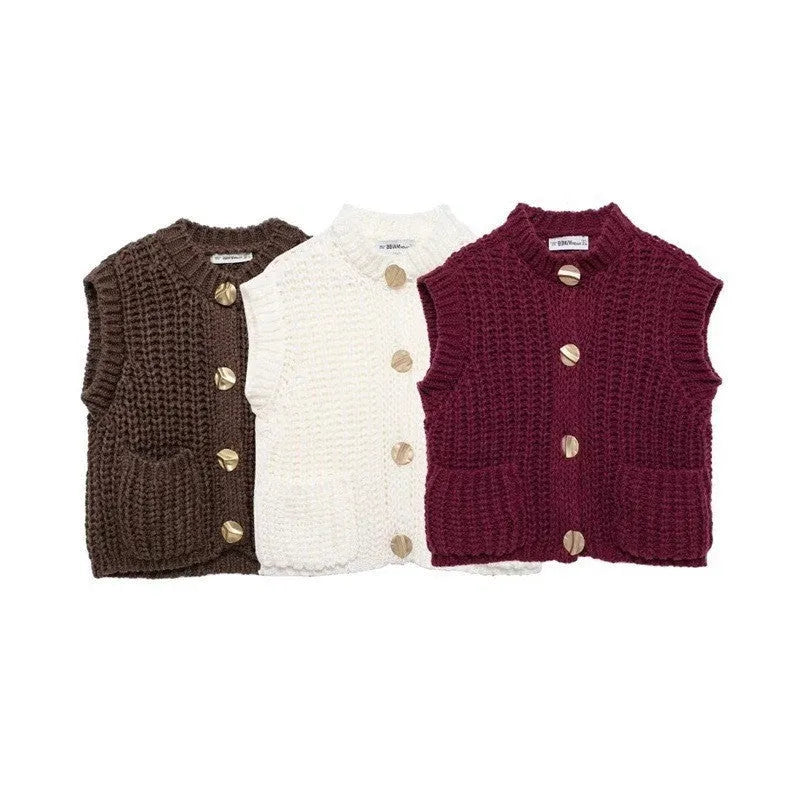 Women's button thick knitted short cardigan in apricot, chunky knit open front
