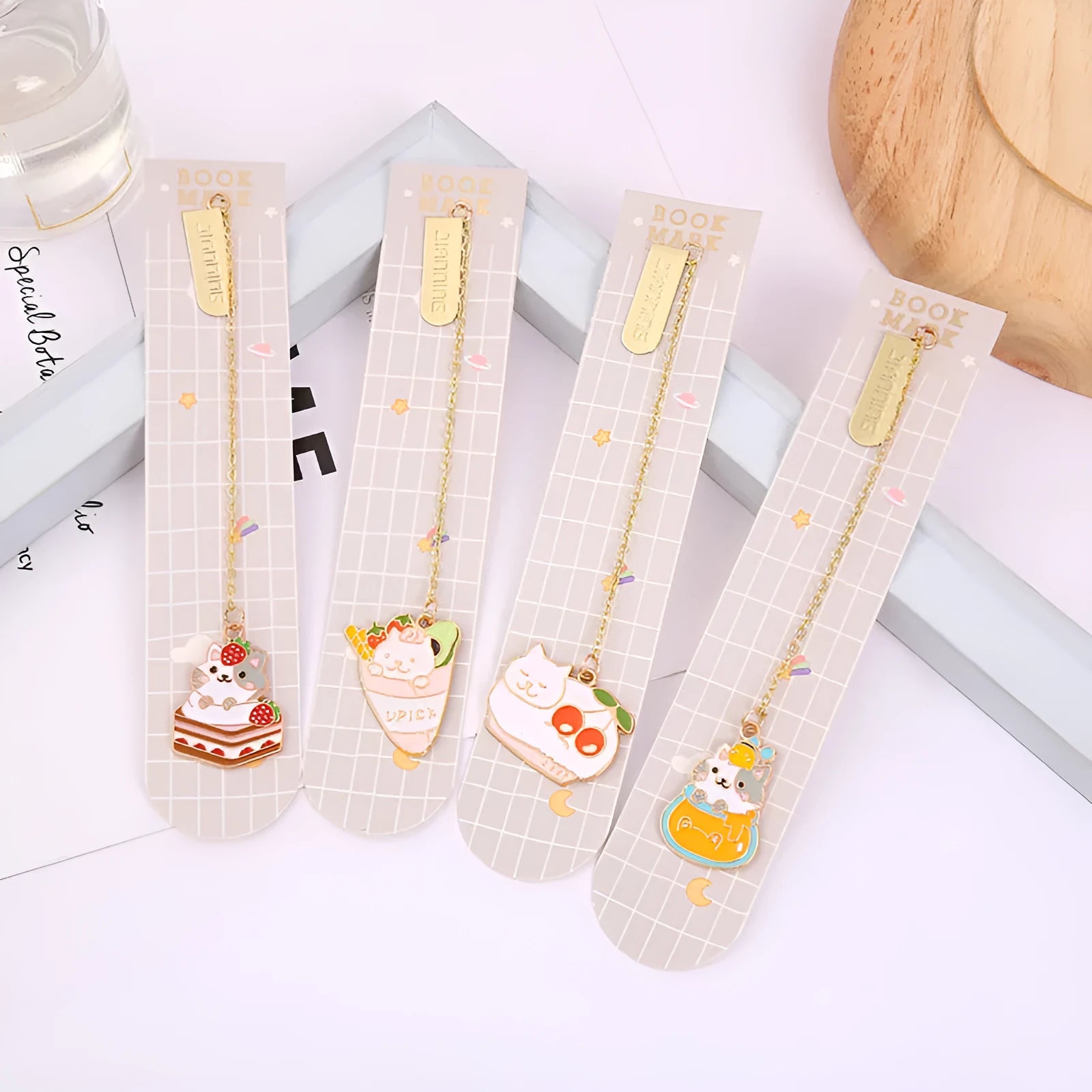 Jane Lime Foodie cartoon cat metal bookmark with food-themed pendant designs