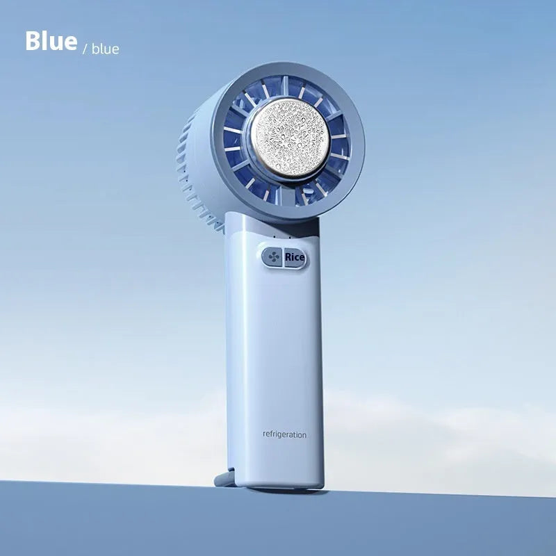 White handheld turbo jet fan with ice cooling function, 3600mAh battery, and brushless motor on a white background
