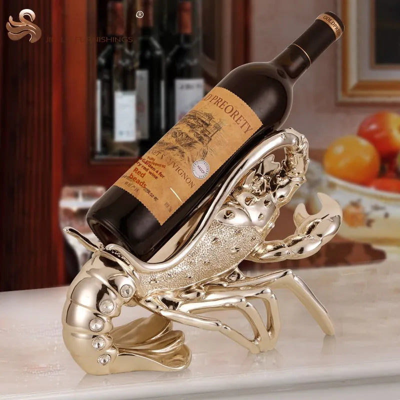 Lobster-shaped wine rack ornament in rose gold metallic finish displaying wine bottle