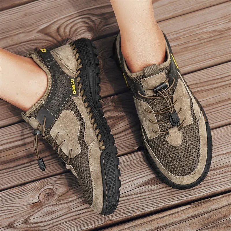 Men's suede low top walking shoes with hand-stitched rubber sole and elastic band in brown color