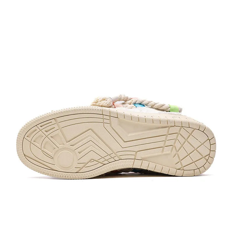 Creamy white retro skateboard shoes with old damage style, lace-up front, platform heel and round toe