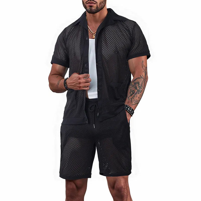 See-through short sleeve cardigan and shorts set for women in lake blue, shown on a hanger