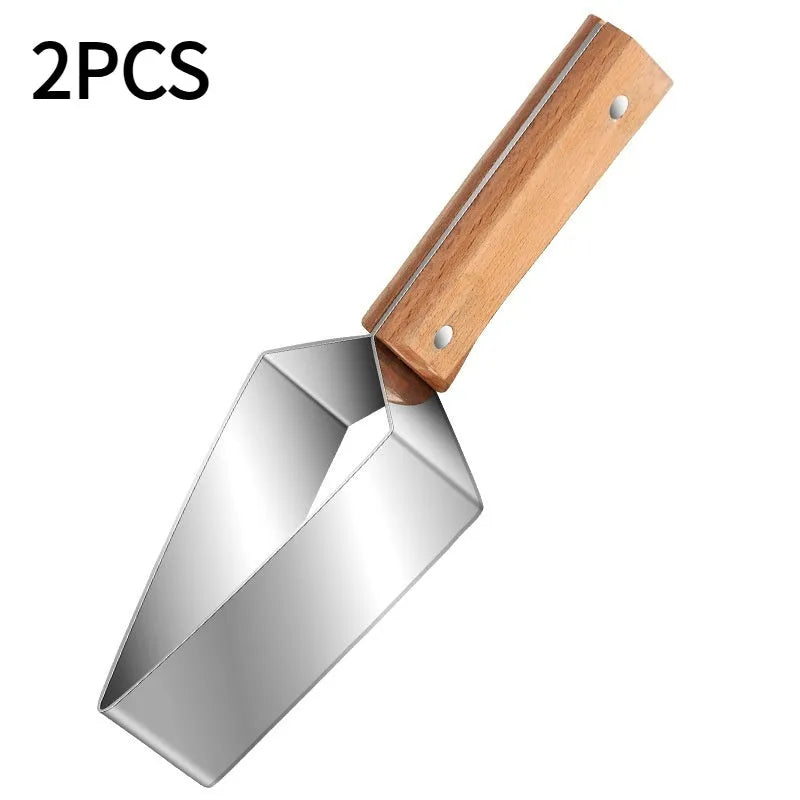 Natural colour 430 stainless steel triangle watermelon splitter with protective cover on a light background