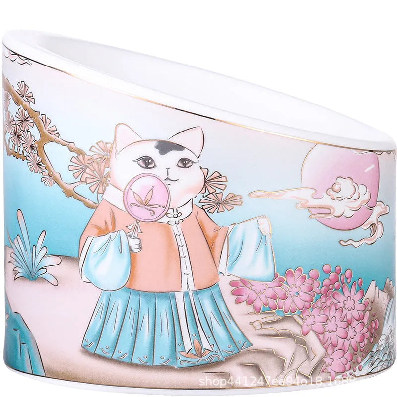 Chinese style ceramic cat bowl with high leg, double bowls and oblique mouth in universal colour for pet feeding