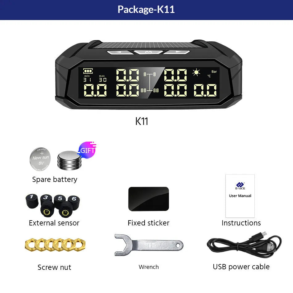Solar-powered external tyre pressure monitor display unit with colour screen for six-wheel trucks