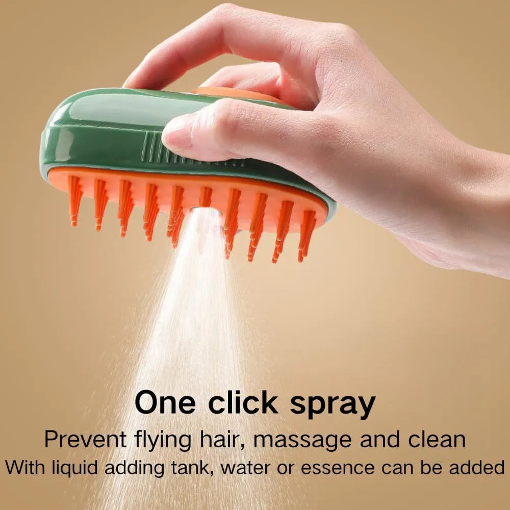 Green rechargeable cat steam brush with water spray nozzle and soft silicone teeth on a white background.