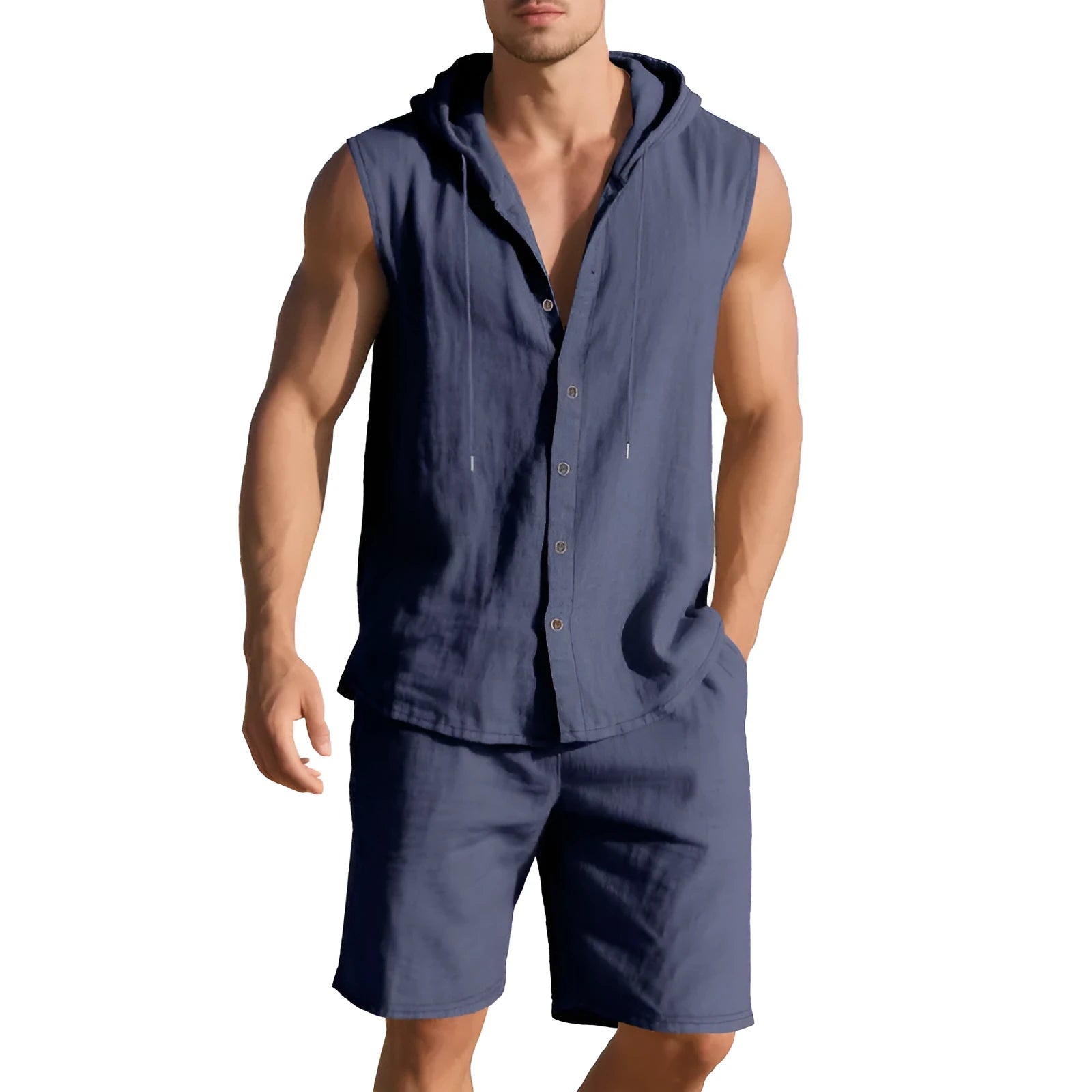 Men's linen sleeveless shirt and shorts suit set in army green, front view