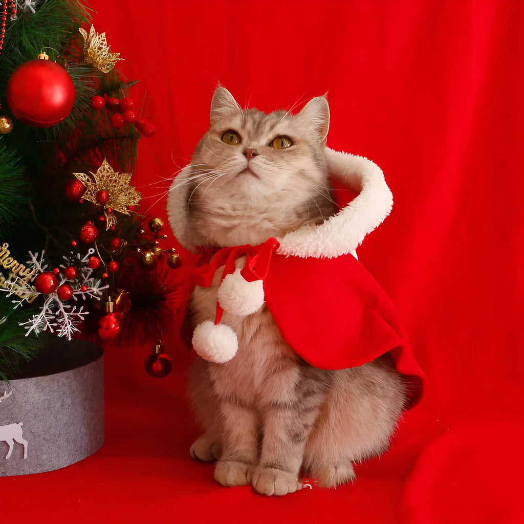 Red polar fleece Christmas cloak for cats and dogs with hood