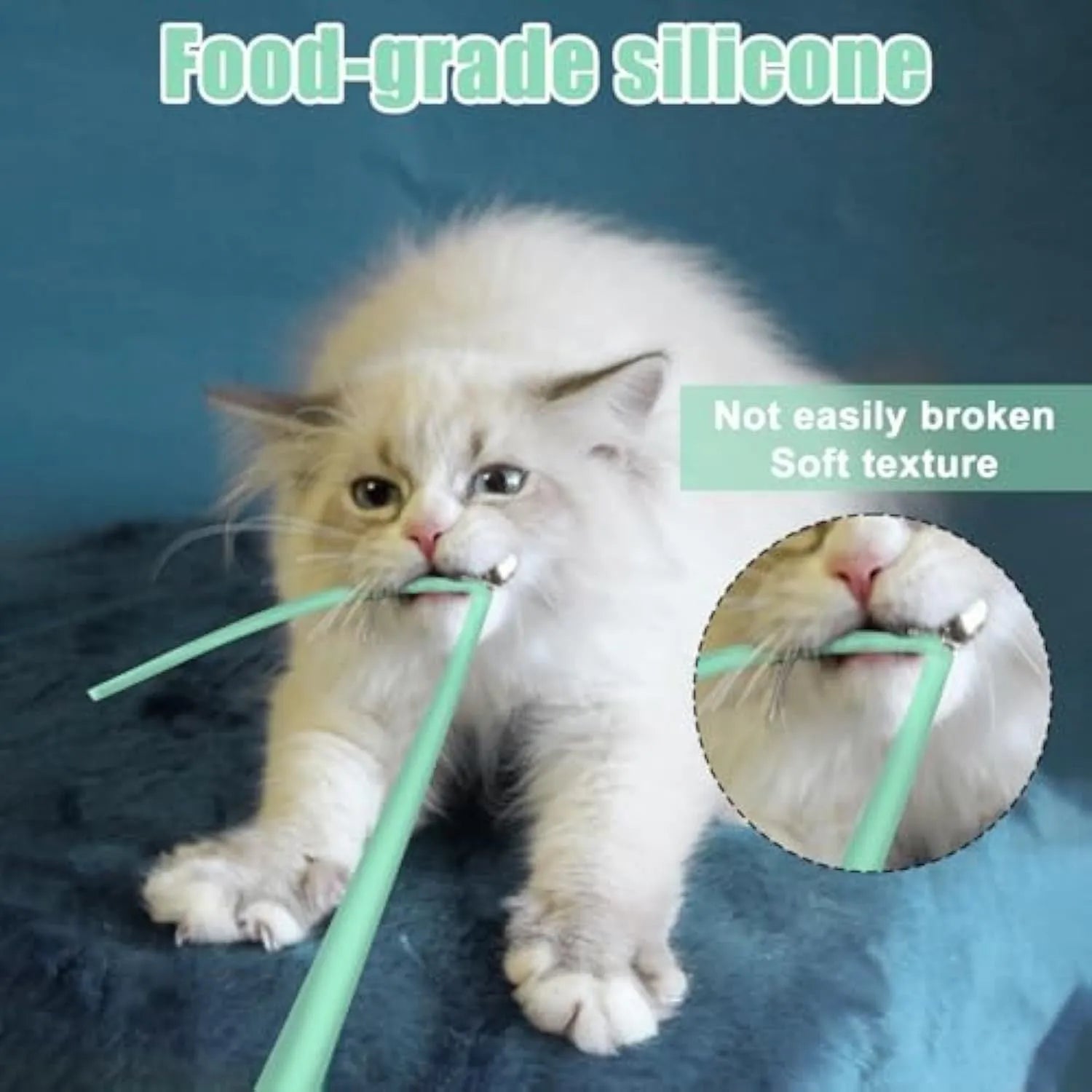 Green automatic cat wand toy with swinging silicone tails for indoor cats on wooden floor