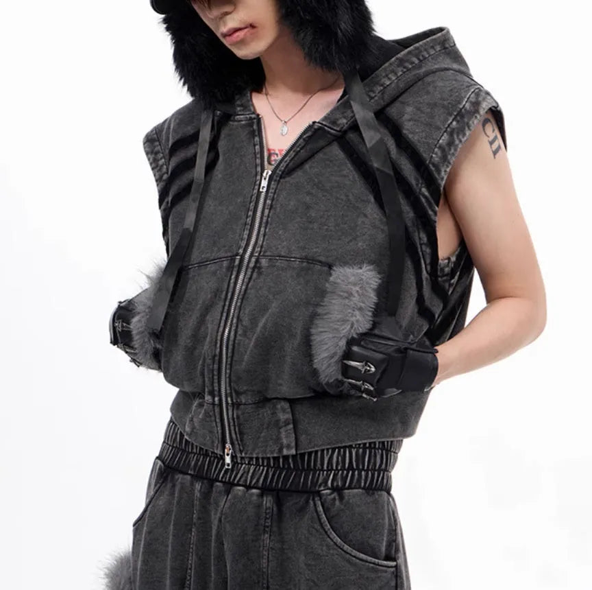 Stitching fur sleeveless hooded zipper tank top in black and gray, short Korean-style vest