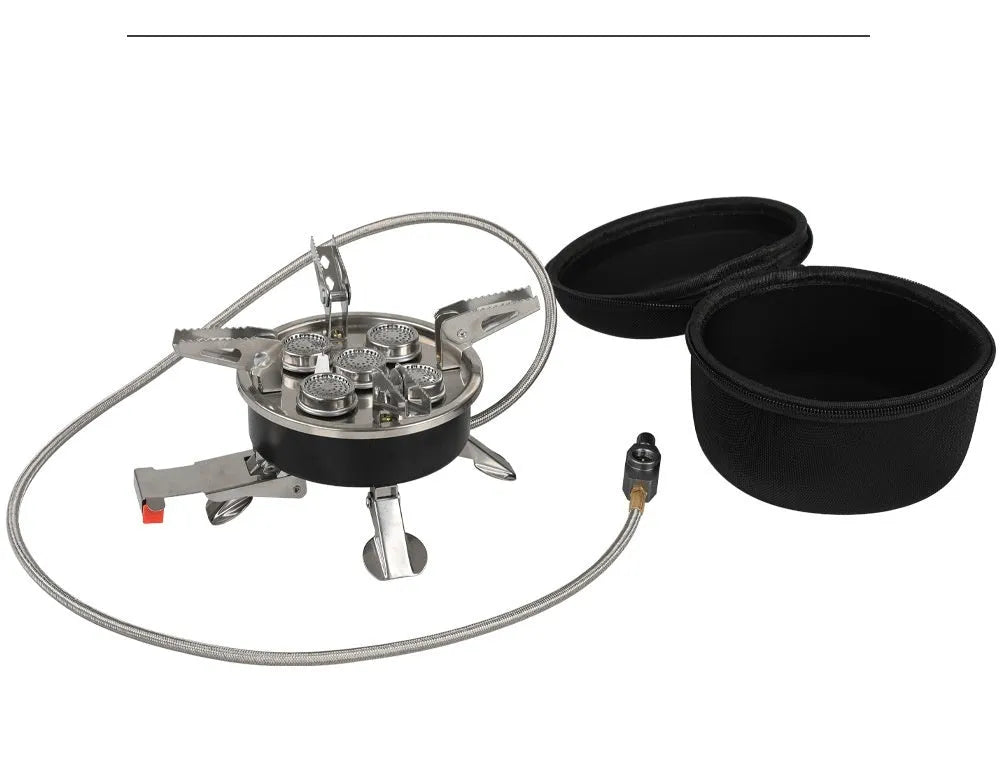 Silver portable split camping stove with stainless steel construction and 100cm hose