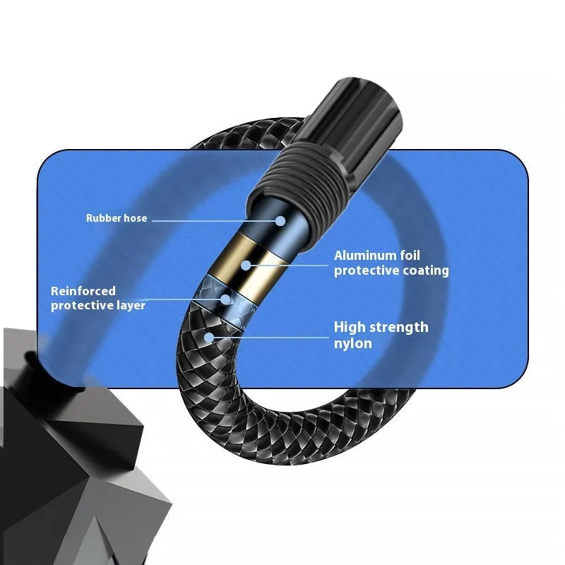 Black portable tyre inflator with digital display and LED light showing 12V car plug