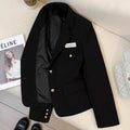 Women's black polyester short suit coat with loose fit and hip-length design