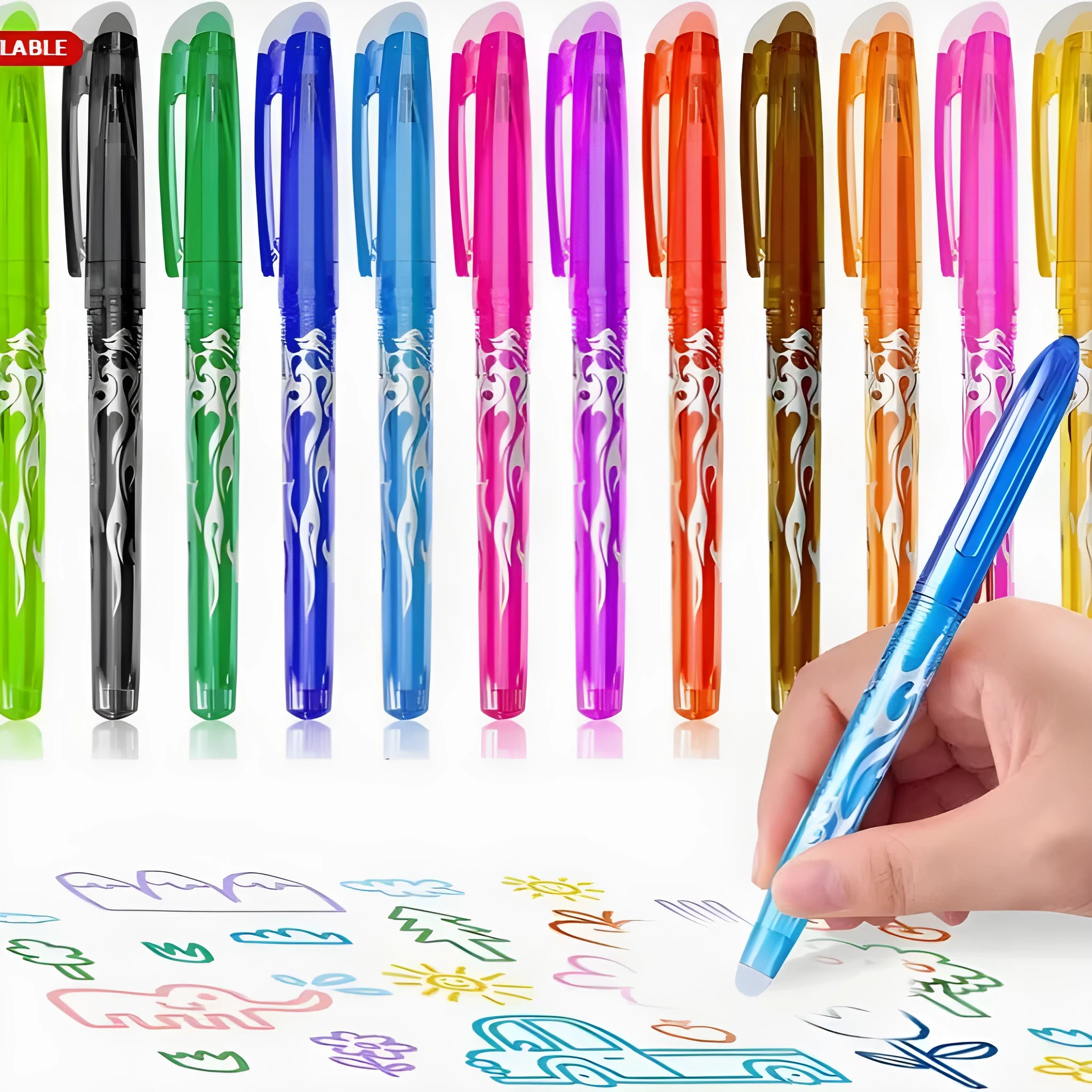 Set of multi-colour heat-erasable gel pens with plastic bodies and stainless steel nibs.
