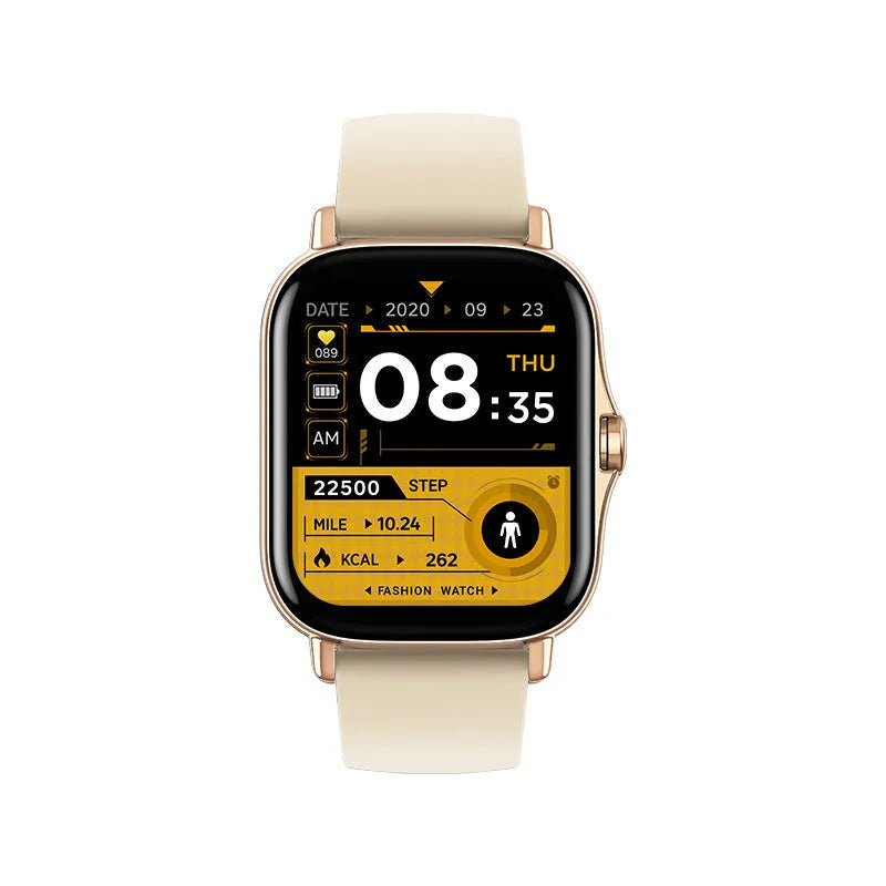 GT20 smartwatch with alloy case and silicone strap showing heart rate monitoring on screen.