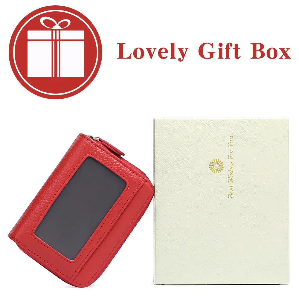 Cowhide double layer zipper expanding card holder in red with anti-theft RFID protection and gift box