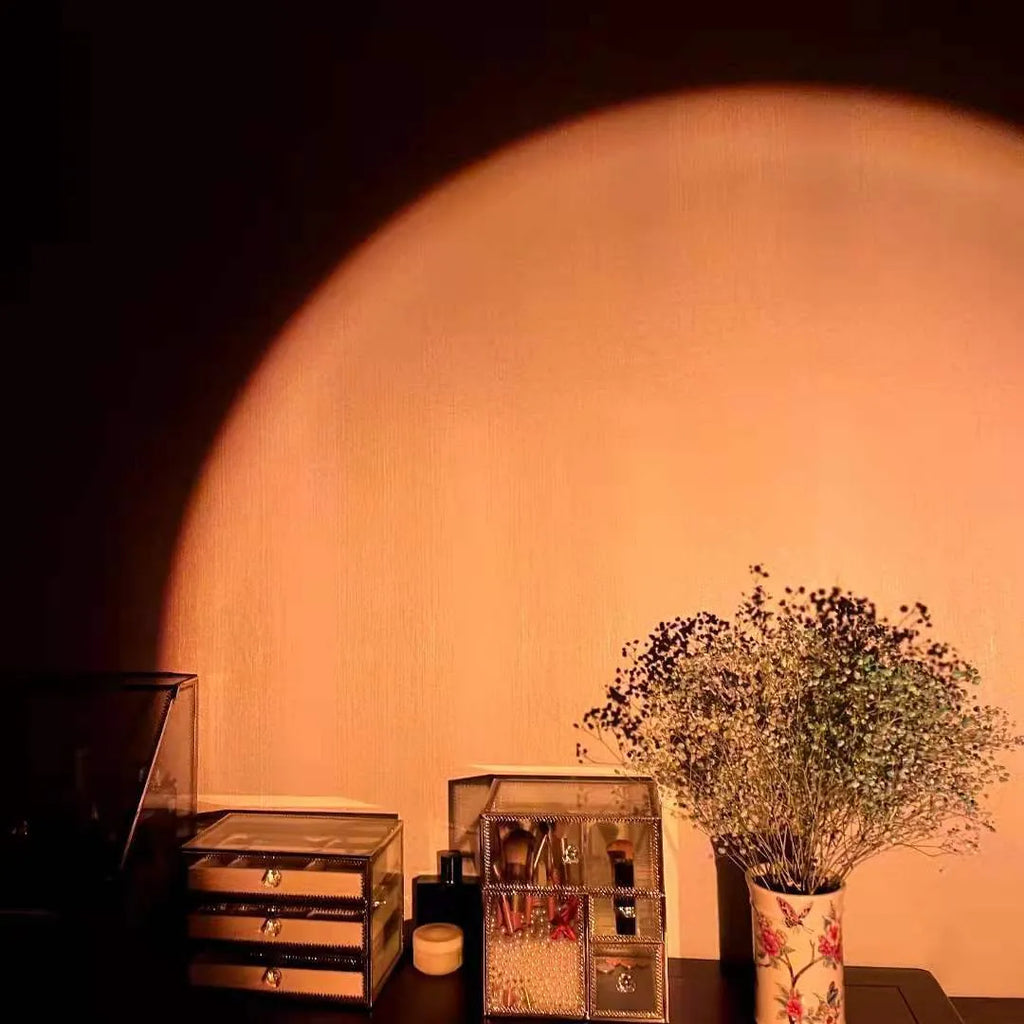 USB rechargeable sunset projection lamp showing rainbow and sun colour patterns