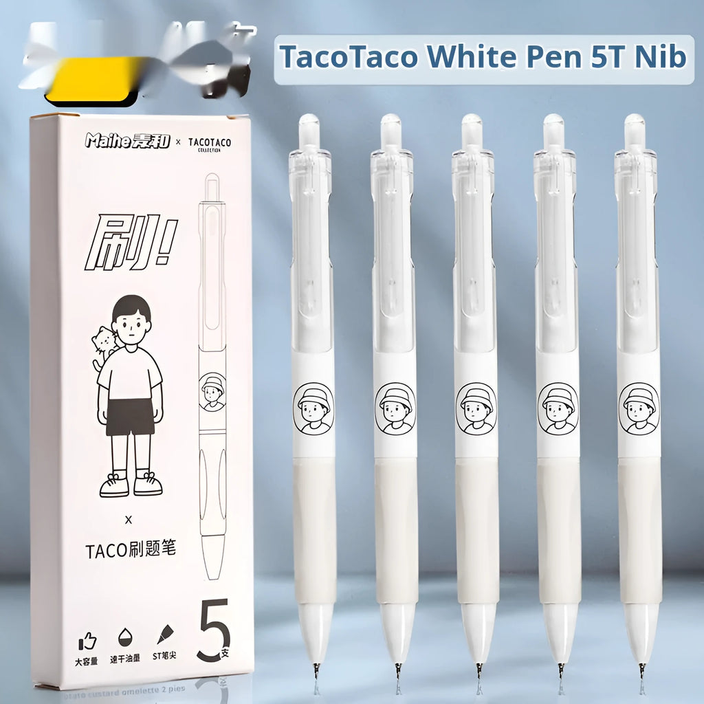 Five white Taco ballpoint pens with 0.5mm black ink refills