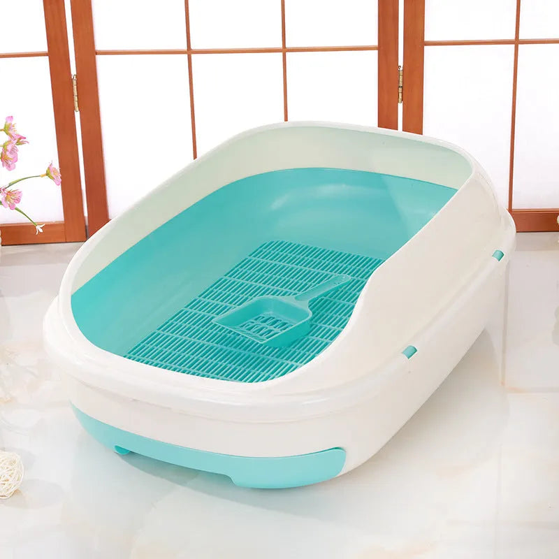 Semi-closed double layer cat litter box with grid drawer large size 51cm PP gray