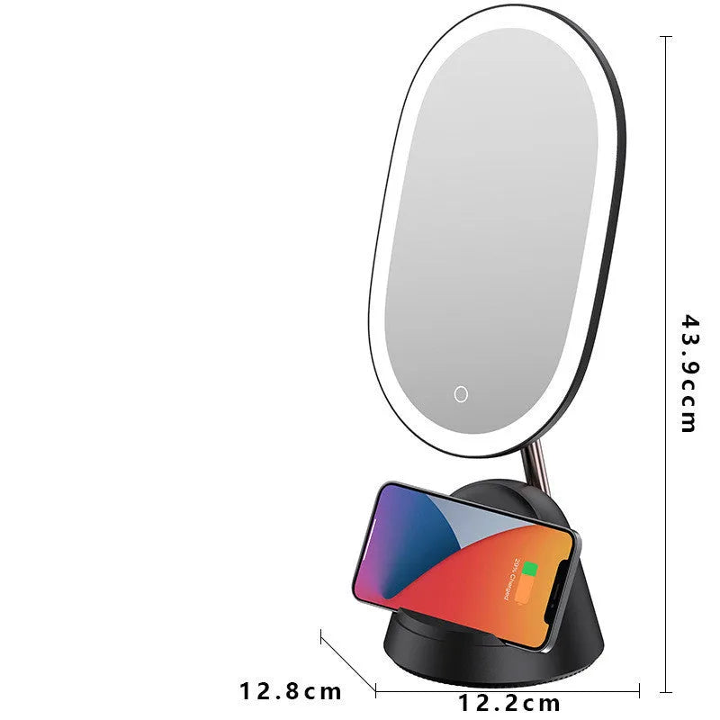White multifunctional makeup mirror table lamp on desk, compact size 12.2x12.8x43.9cm, socket powered 220V.