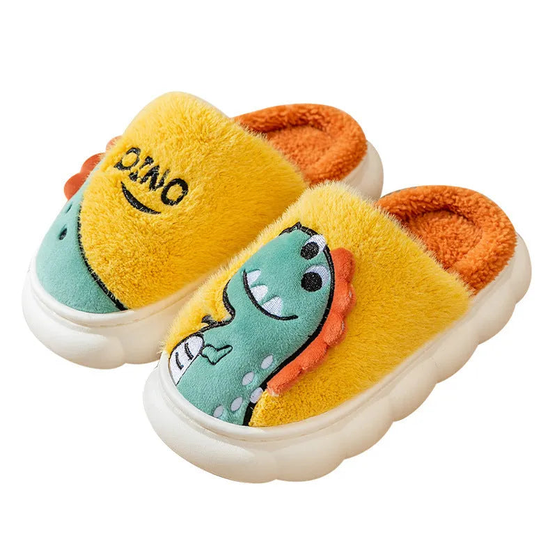 Cotton couple slippers with plush fleece in dinosaur print designs for indoor use